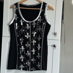 Sexy Sassy Sequined zipper Front Tank Top w Cross and Studs design lined insidee